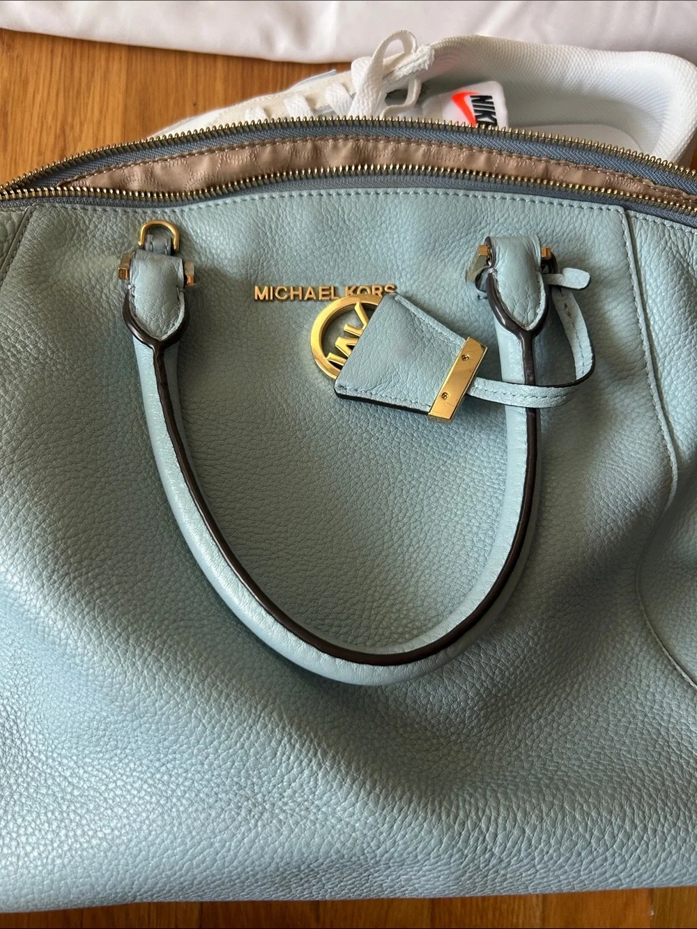 Michael Kors Pale Blue Pebbled Leather Satchel with Gold Hardware
